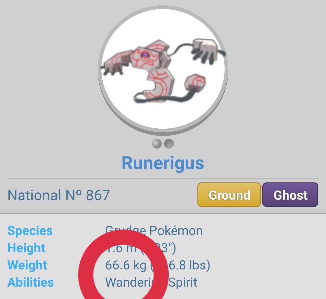 AlolanLightSun's tweet image. Sabíais que Runerigus pesa 66.6 Kilos? Es una clara referencia a que es un Pokémon "poseído"