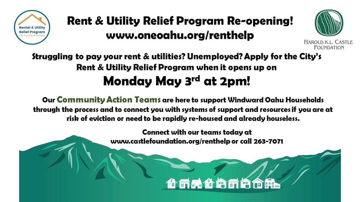 Get ready for the re-opening of the Rent &amp; Utility Relief Program on Monday, May 3rd at 2pm!  Please spread the word! <a href="/HaroldKLCastle/">HKLCastle Foundation</a> 

For more information please visit: oneoahu.org/renthelp