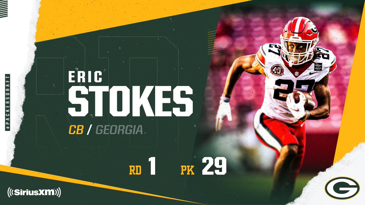🚨 THE PICK IS IN 🚨

With the 29th pick in the 2021 #NFLDraft, the #Packers select Georgia CB Eric Stokes!

#PackersDraft | @SiriusXMNFL