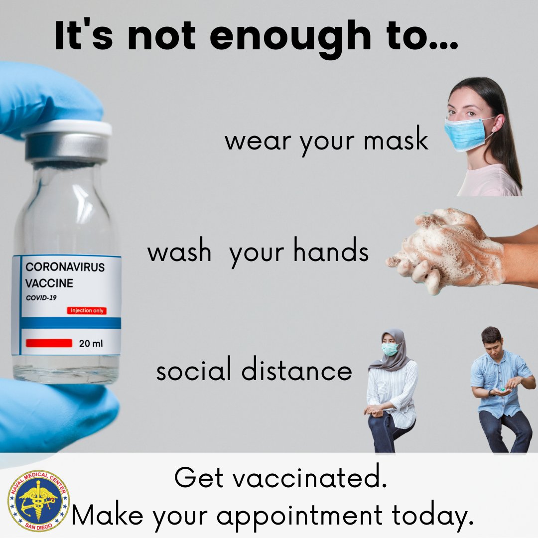 No one tool alone is going to stop the #COVID19 pandemic. A combination of getting a
COVID-19 #vaccine, wearing a mask, staying at least 6 feet away from others, &amp; avoiding
crowds are all needed. Vaccine appt. available tmw, May 1 at <a href="/NMC_SD/">NMCSD</a>. APPT --&gt; bit.ly/NMCSDVACCINE