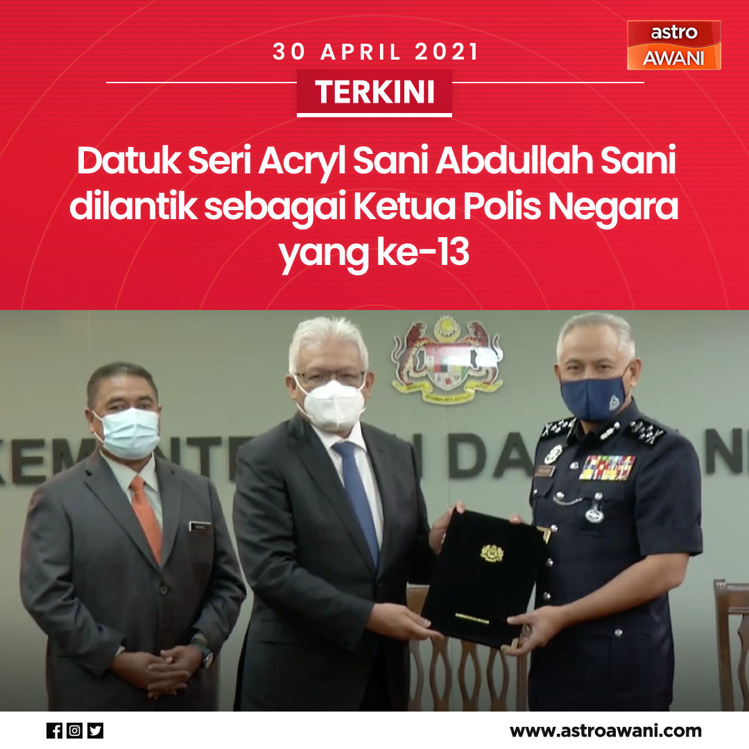 501Awani's tweet photo. [TERKINI]

Pelantikan berkenaan diumumkan oleh Menteri Dalam Negeri, Datuk Seri Hamzah Zainuddin pada Majlis Penyerahan Surat Pelantikan Ketua Polis Negara ke-13 di Kementerian Dalam Negeri di sini pada Jumaat.

Baca lanjut di https://t.co/WyXD522rFg

#AWANIterkini https://t.co/Y9RaTnSwAF