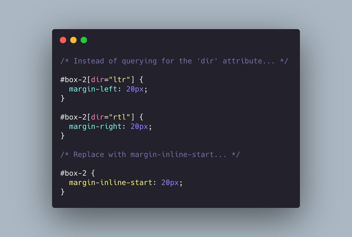 EmmaBostian's tweet image. Instead of setting margin-left or margin-right depending on the direction of text, use margin-inline-start!

It&apos;s cleaner and more robust 💁‍♀️

Check support here =&amp;gt; caniuse.com/css-logical-pr…

gist.github.com/emmabostian/d0…