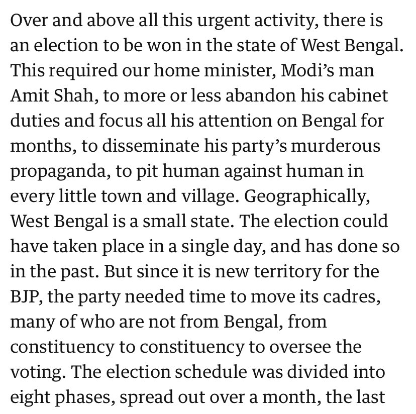 Amazing propaganda in the post-truth article on  @guardiannews by Arundhati Roy! BJP contesting a democratic election in Bengal is evil. Hundreds of opposition leaders & people have been killed in Bengal.But hey! Let’s not ensure proper security which requires phase-wise election.