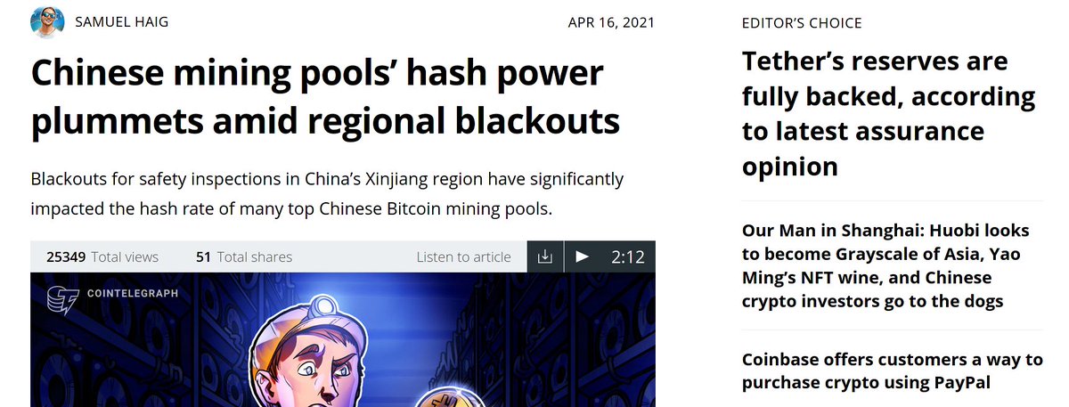 3a/ Here are screenshots + links from some additional outlets that reported this on April 16th (earliest date that anyone started publishing such information) 1.  https://cointelegraph.com/news/chinese-mining-pools-hash-power-plummets-amid-regional-blackouts 2.  https://www.nasdaq.com/articles/bitcoin-mining-hash-rate-drops-as-blackouts-instituted-in-china-2021-04-163.  https://www.theblockcrypto.com/linked/101866/xinjiang-coal-mine-bitcoins-hash-rateG