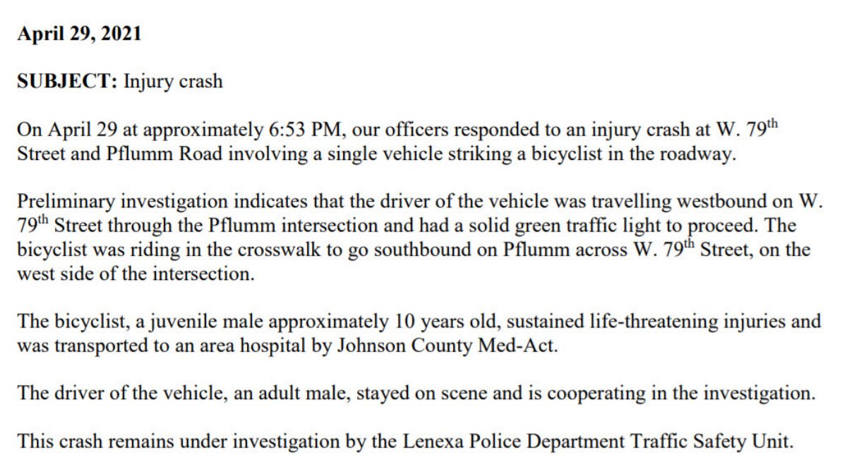 LenexaPolice's tweet photo. Media release regarding this evening's injury crash at 79th &amp; Pflumm. https://t.co/8zU94hyJDS