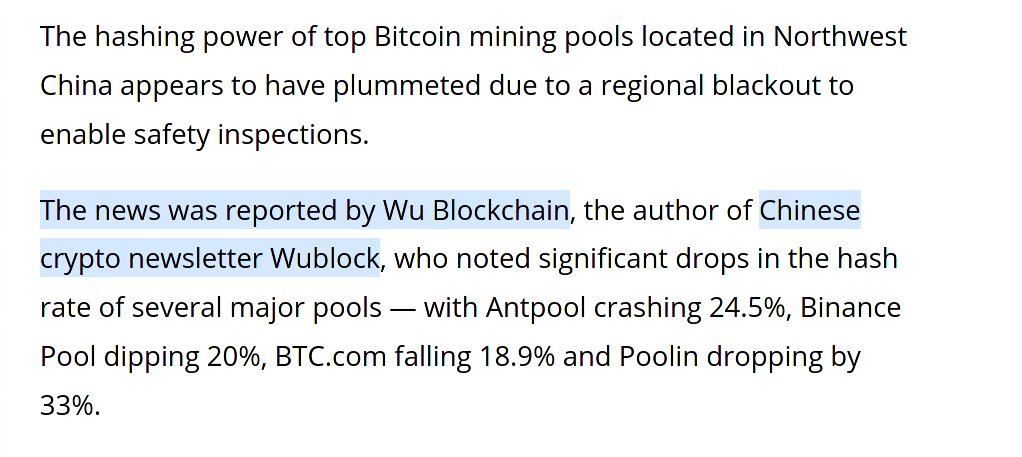 9/ Curiously, *all* of the publications that came out that day cited *one source* in particular for these claims about the coal mine explosion / flooding being correlated - and that was none other than  @WuBlockchain