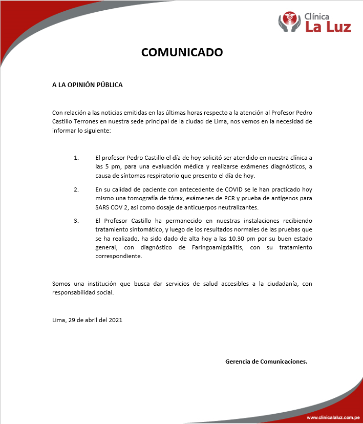 ClinicaLaLuz's tweet photo. Comunicado a la opinión pública. #pedrocastillo #clinicalaluz https://t.co/aYTWqAo9Om
