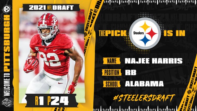 MenofSteelCJR's tweet photo. #WelcometoPittsburgh #NajeeHarris! This is the 6th 1st Round RB Selected by the #Steelers Organization since 1969 (2nd under Kevin Colbert). Can't wait to see his Contributions! https://t.co/kgLAeK5GVW