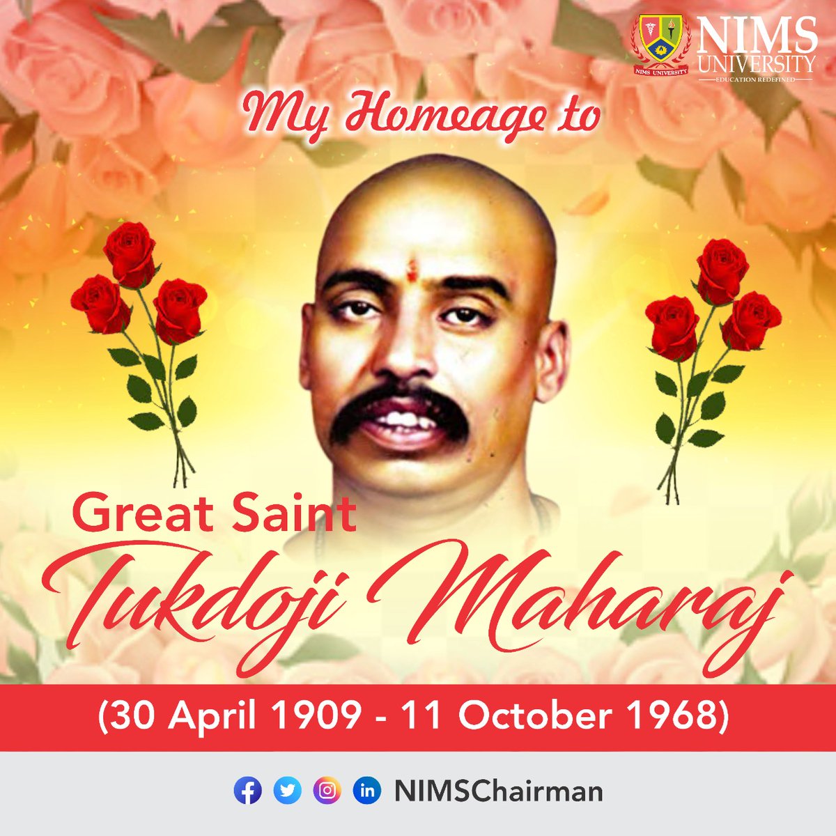 Prof. (Dr.) Balvir S. Tomar (@nimschairman) on Twitter photo Remembering national saint and freedom fighter #TukdojiMaharaj on his birth anniversary today. His selfless devotion & dedication are bound to teach the lessons for the generations to come.
<a href="/CMOMaharashtra/">CMO Maharashtra</a> <a href="/incmumbai/">Mumbai Congress</a> <a href="/BJP4Maharashtra/">भाजपा महाराष्ट्र</a>
#NIMS #NIMSChairman Remembering national saint and freedom fighter #TukdojiMaharaj on his birth anniversary today. His selfless devotion & dedication are bound to teach the lessons for the generations to come.
<a href="/CMOMaharashtra/">CMO Maharashtra</a> <a href="/incmumbai/">Mumbai Congress</a> <a href="/BJP4Maharashtra/">भाजपा महाराष्ट्र</a>
#NIMS #NIMSChairman
