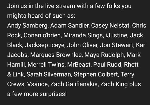the celebs participating some may have pulled out i often see people talk about adam sandler , paul rudd and karl jacobs and andy samberg on here a lot of you are a fans of these people pleasee just consider what they are contributing to