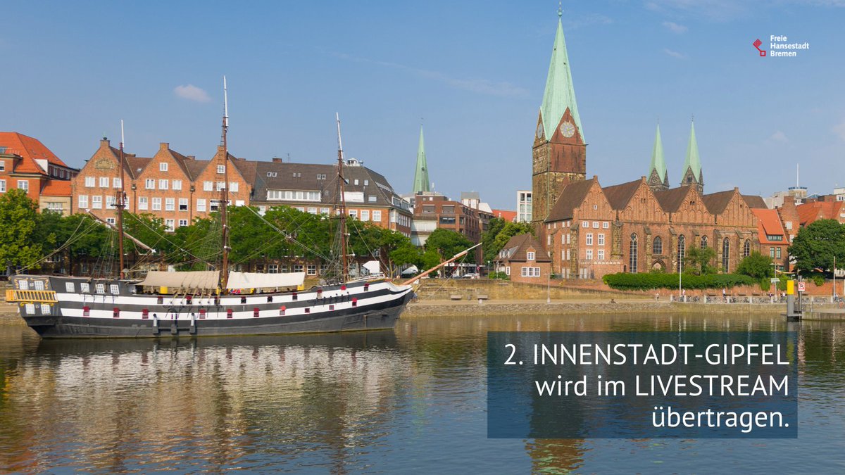 #Bremen: Zum "2. Bremer #Innenstadt-Gipfel" treffen sich heute ab 16.30 Uhr Akteurinnen und Akteure aus Politik, Wirtschaft und Kultur sowie Senatsvertreterinnen und Senatsvertreter zu einer Video-Konferenz. <a href="/SKUMS_HB/">bauumwelt.bremen</a> überträgt den Gipfel im #LIVESTREAM: bauumwelt.bremen.de/info/livestream