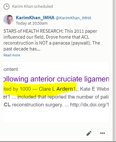 Professor Karim Khan (@profkarimkhan) on Twitter photo <a href="/clare_ardern/">Clare Ardern</a> Kudos Dr Ardern. I had it slated in my 'scheduled' queue in Hootsuite. And it will 'pop' out of H/s when ready. My message in that tweet was that the paper changed how many clinicians felt about ACL reconstruction. Not 100% panacea. #RehabIsCritical (with or sans surgery) <a href="/clare_ardern/">Clare Ardern</a> Kudos Dr Ardern. I had it slated in my 'scheduled' queue in Hootsuite. And it will 'pop' out of H/s when ready. My message in that tweet was that the paper changed how many clinicians felt about ACL reconstruction. Not 100% panacea. #RehabIsCritical (with or sans surgery)