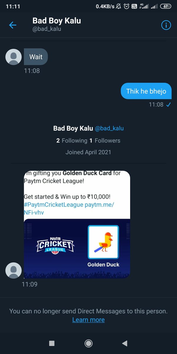 I attach the screencshhot of the conversation with  @bad_kalu ,it may help others to be aware from such an Imposter.  #PaytmCricketLeague . Retweet this thread to warn others!