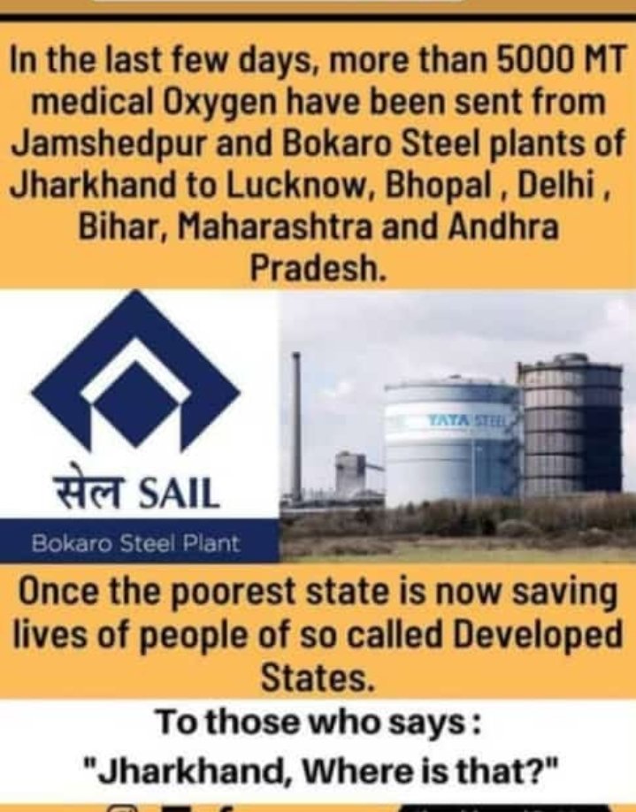 Priya Yadav (@priyayadavrnc) on Twitter photo Jharkhand is now saving lives of people of many States.
#proudjharkhand
#COVID19
#OxygenShortage
#PrayForIndia
#JharkhandfightsCOrona
#Jharkhand
#COVIDSecondWaveInIndia
<a href="/nikhil_gope56/">Nikhil Gope🇮🇳🇮🇳</a> <a href="/HemantSorenJMM/">Hemant Soren</a> <a href="/PMOIndia/">PMO India</a> <a href="/GopeRamdayal/">Ramdayal Gope</a> Jharkhand is now saving lives of people of many States.
#proudjharkhand
#COVID19
#OxygenShortage
#PrayForIndia
#JharkhandfightsCOrona
#Jharkhand
#COVIDSecondWaveInIndia
<a href="/nikhil_gope56/">Nikhil Gope🇮🇳🇮🇳</a> <a href="/HemantSorenJMM/">Hemant Soren</a> <a href="/PMOIndia/">PMO India</a> <a href="/GopeRamdayal/">Ramdayal Gope</a>