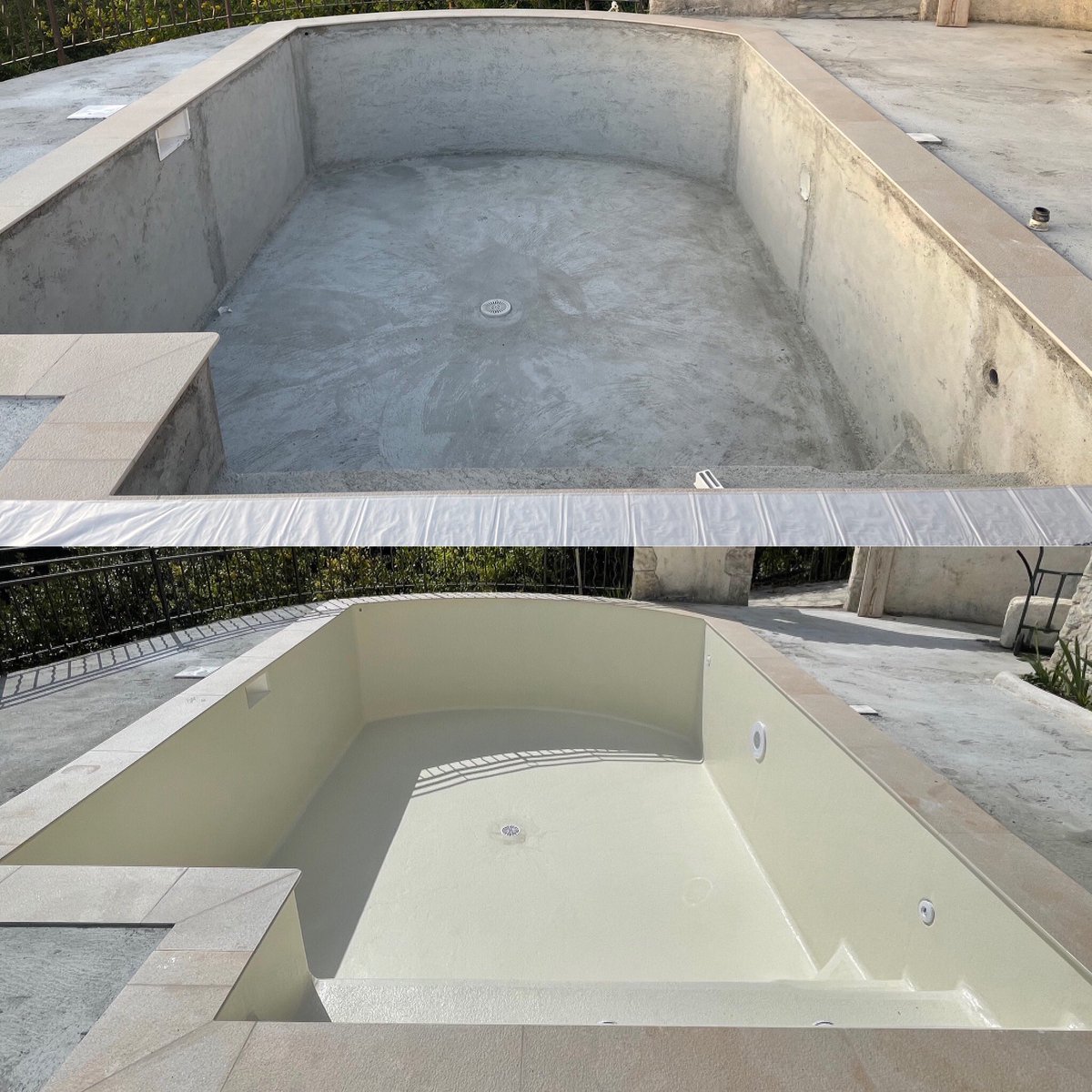 RenovationPisc's tweet photo. Application d’un revêtement polyester sur piscine béton neuve avec pose des margelles et du dallage #aquapolyester #renovationpiscine #constructionpiscine #piscinebeton #aquabright #margellepiscine #carrelagepiscine  #piscinier https://t.co/fmHfDzEnPP