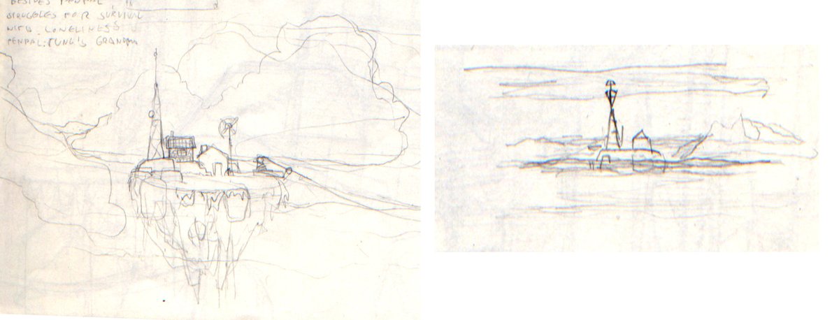 The first cloud island sketch from 2013. The crude sketch to the right shows the island surfacing above a foggy cloud.