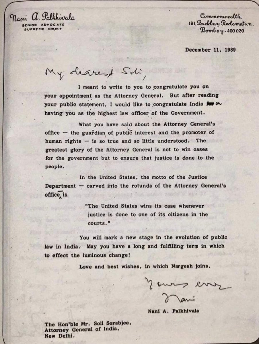JethmalaniM's tweet photo. RIP Soli Sorabjee: distinguished lawyer and former Attorney General of India. He undoubtedly vindicated Nani Palkhivalas expectations of him reproduced below in that office https://t.co/YgLpxA7eTE