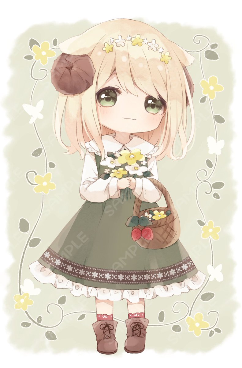 ご依頼いただいて描きました 2頭身ミニキャラもかわいい 茶髪の女の子と 月見草 ご依頼受付中のイラスト