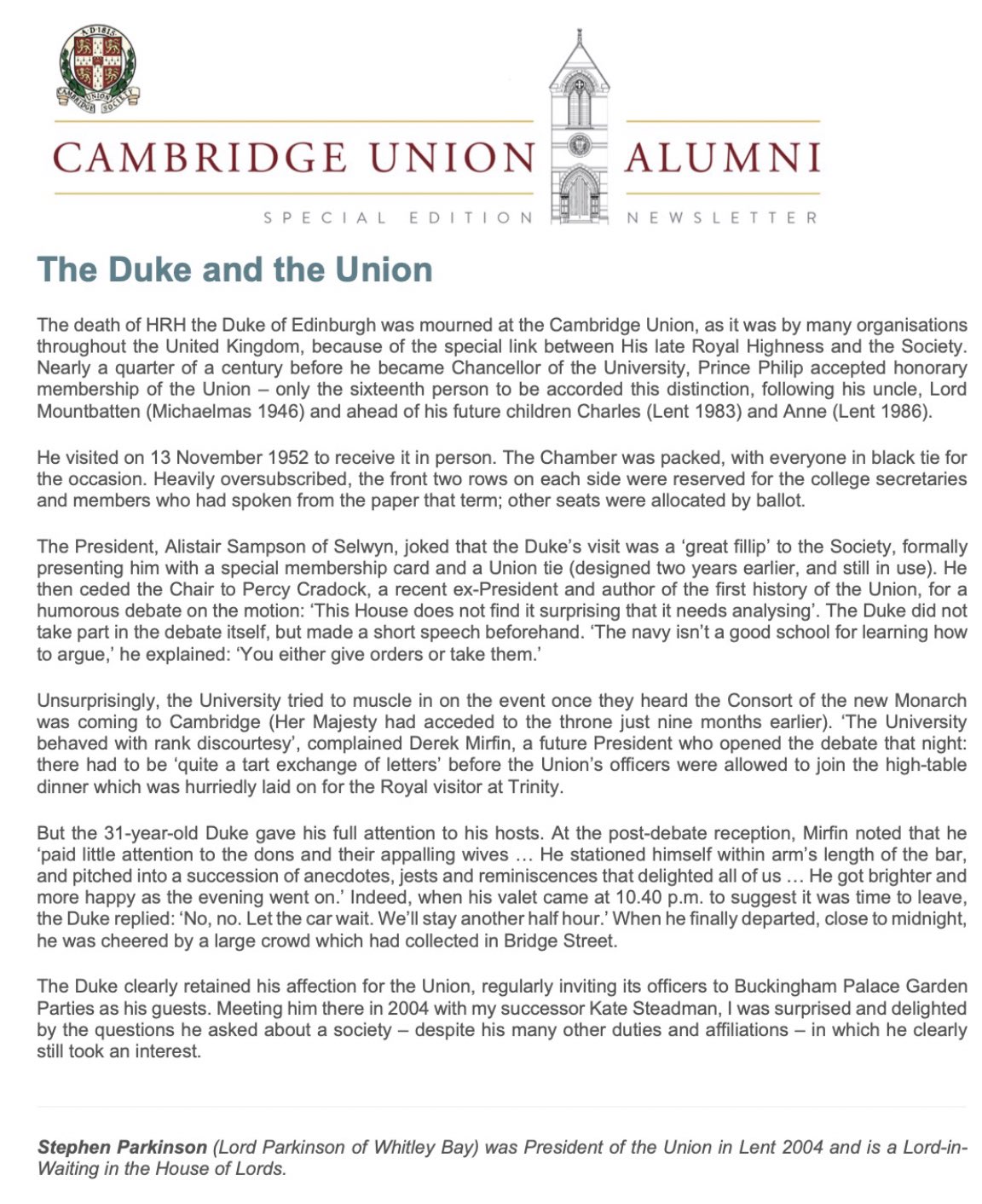 on Twitter: "Lord Parkinson written this beautiful piece in memory of HRH Prince Philip, Duke of Edinburgh | Special Edition Cambridge Alumni Newsletter @cambridgeunion https://t.co/wuAjckmR4A" / Twitter