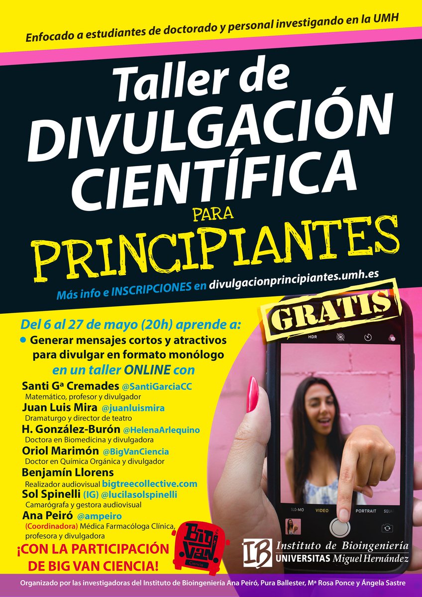 Feliz de coordinar este taller de divulgación donde participan <a href="/BigVanCiencia/">Big Van Ciencia</a> <a href="/juanluismira/">Juan Luis Mira</a> <a href="/SantiGarciaCC/">Santi Gª Cremades ²</a>
divulgacionprincipiantes.umh.es
<a href="/UniversidadMH/">UMH</a>
<a href="/IB_UMH/">Instituto de Bioingeniería</a> <a href="/isabial_iis/">ISABIAL</a> <a href="/GVAsalualicante/">GVADptoSaludAlicante</a>