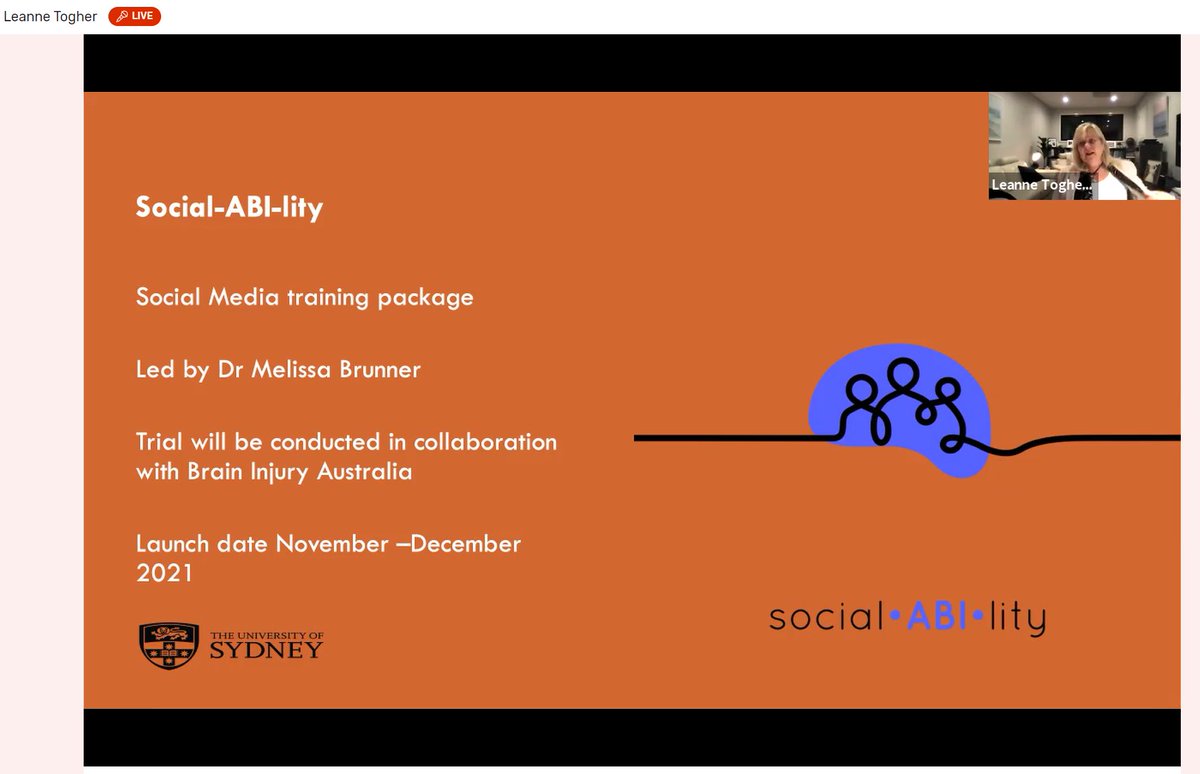 <a href="/LeanneTogher/">Professor Leanne Togher</a>: the social-ABI-lity component is being co-designed &amp; undergoing pilot studies (in partnership with <a href="/BrainInjuryAus/">BrainInjuryAustralia</a>) #CCDSymp21