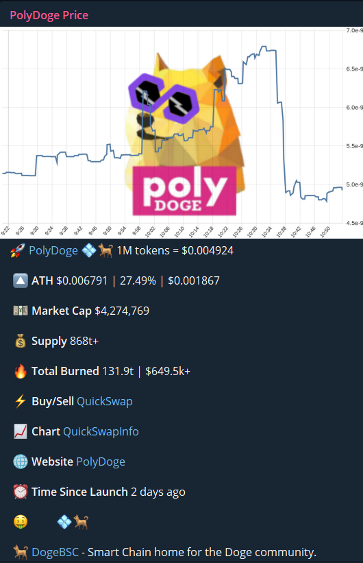 PolyDoge's tweet photo. 🔥 We are proud to announce the first @0xPolygon price bot for telegram!L2 is HERE!💰💹

Shoutout to mad genius @achtools - see it for yourself in our telegram and don't forget you can find #PolyDoge on @Quickswapdex: https://t.co/kVzXqHMQpk

@PolyWhale @QuickswapDEX @Polygon https://t.co/VeW3cuzhuS