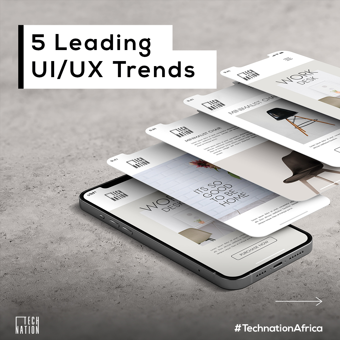 TechNationZA's tweet photo. These 5 UX/UI trends are hot right now. Our team keeps up with the trends and is passionate about creating, smart, smooth &amp; seamless UI design while developing the required functionality &amp; features for successful UX. Get in touch with us hello@technation.africa #technationafrica https://t.co/tBUKNW9ybl