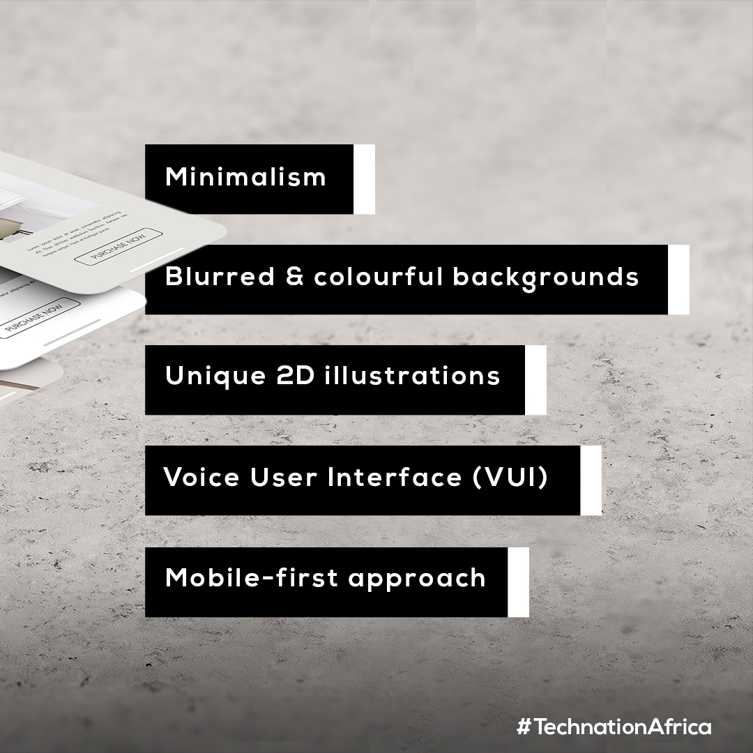 TechNationZA's tweet photo. These 5 UX/UI trends are hot right now. Our team keeps up with the trends and is passionate about creating, smart, smooth &amp; seamless UI design while developing the required functionality &amp; features for successful UX. Get in touch with us hello@technation.africa #technationafrica https://t.co/tBUKNW9ybl