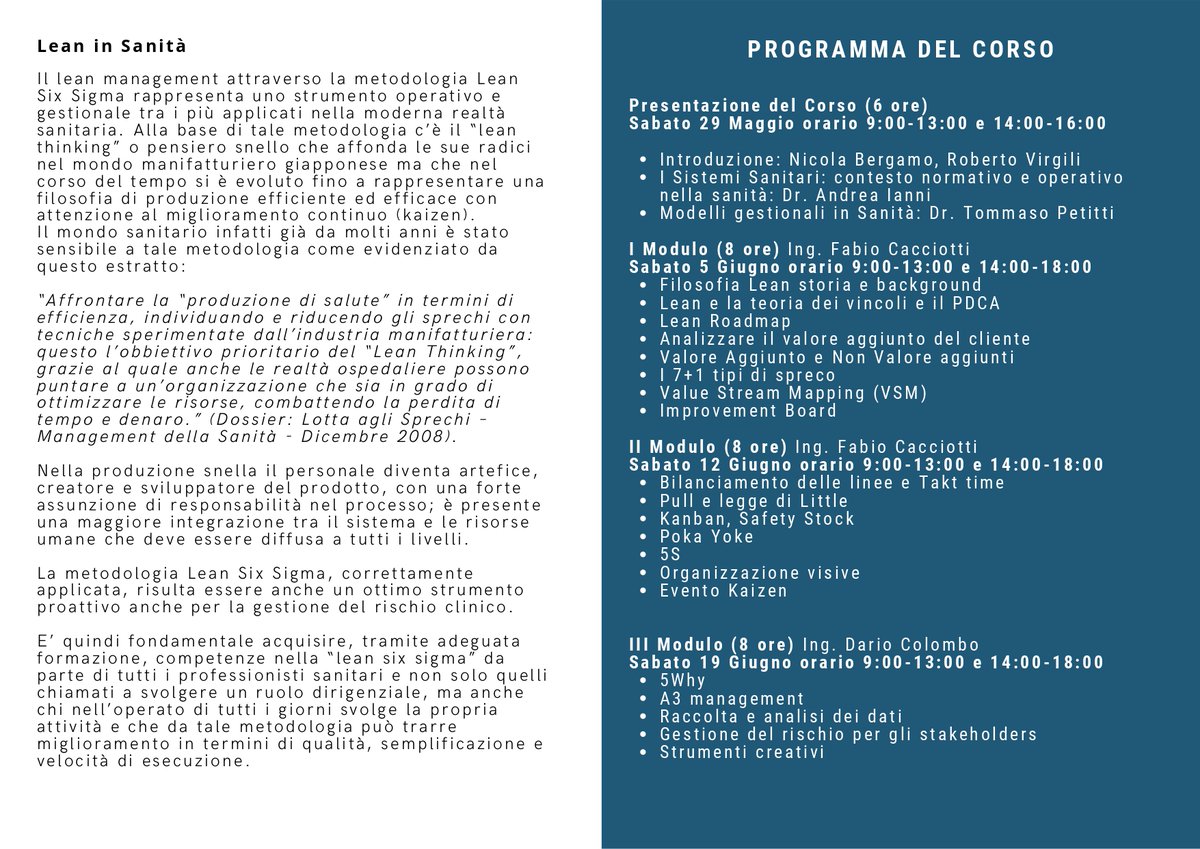 LACRISALIDEECM's tweet image. @LACRISALIDEECM
 Corso di Alta Formazione Lean Practitioner in Sanità info su lacrisalide.it 50 Crediti ECM Attestato Lean Practitioner CEPAS
#formazione #sanità #altaformazione #lean