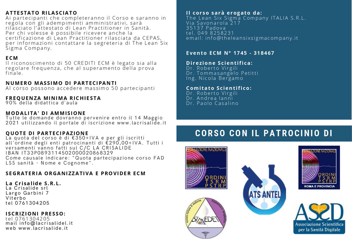 LACRISALIDEECM's tweet image. @LACRISALIDEECM
 Corso di Alta Formazione Lean Practitioner in Sanità info su lacrisalide.it 50 Crediti ECM Attestato Lean Practitioner CEPAS
#formazione #sanità #altaformazione #lean