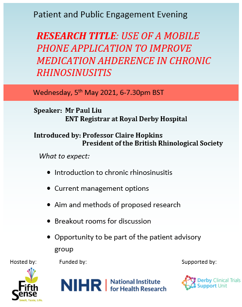 FifthSenseUK's tweet photo. ENT registrar Mr Paul Liu is seeking public engagement from people who have Chronic Rhinosinusitis (CRS). To learn more about this project, join us at our next #LetsTalkSmellAndTaste event - https://t.co/0mt8UWo8yn 
#fifthsense #taste #alltheosmias #anosmia https://t.co/lGVhyEDQzg