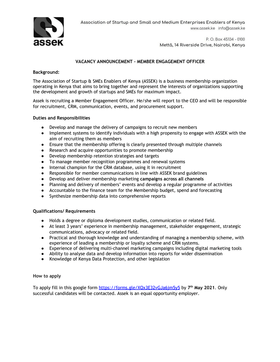 Job Opportunity - ASSEK is hiring a Member Engagement Officer!

Apply before the 7th of May 2021 by clicking on this link bit.ly/ASSEKMemberEng…
