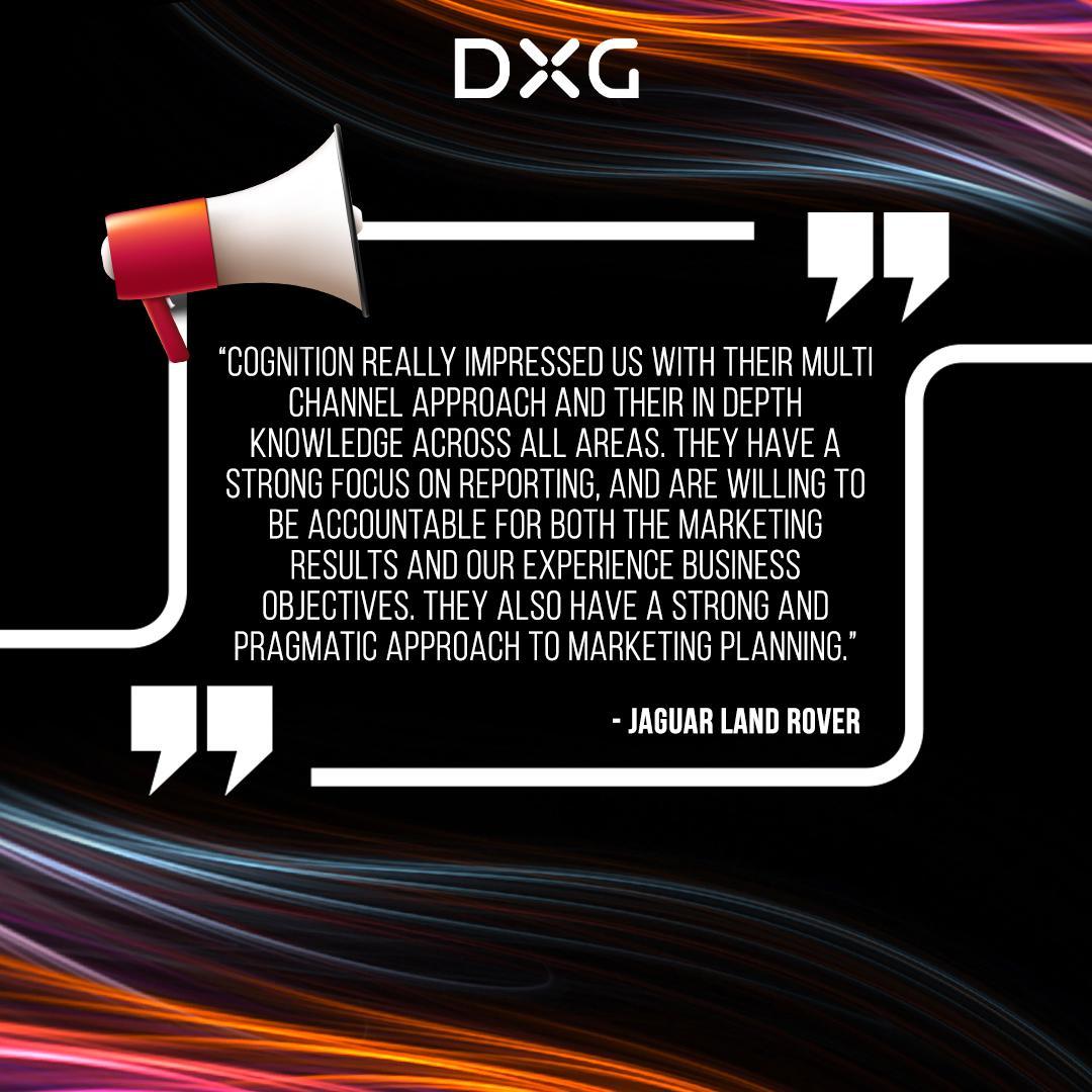 DXGGroup's tweet photo. Cognition—one of the DXG partner agencies—has received feedback from one of their clients. Hear what Jaguar Land Rover has to say about their experience.
#DXGGlobal #ClientTetsimonials #HubSpotServices #HubSpotSolutions #MarketingAgency #HubSpot #GrowthMarketing #DigitalAgency https://t.co/KbDFuX7ncT