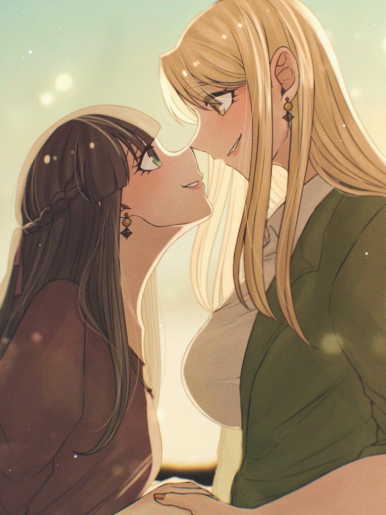 multiple girls 2girls jewelry blonde hair earrings looking at another yuri  illustration images