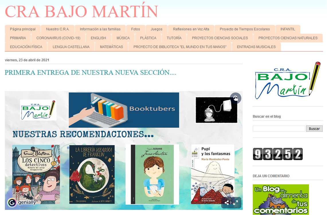 La biblioteca 📚del #CRABajoMartín nos presenta la nueva sección de booktubers 🗣️🤳en su blog. ➡️<a href="/cpjcmonzonsp/">CEIP J.Costa Mzn</a> <a href="/ceip_salas/">CEIP Margarita Salas</a> <a href="/CEIPNertobriga/">CEIP NERTÓBRIGA</a> <a href="/cpsmmora/">CEIP San Miguel (Mora de Rubielos)</a> <a href="/CeipHispanidad/">CEIP Hispanidad</a> <a href="/CEIPCatalinArag/">CEIP Catalina de Aragón</a> <a href="/ERadioCalatorao/">Educa Radio Calatorao</a> <a href="/IesVictoria/">IES Salvador Victoria</a> <a href="/IESGallicum/">IES Gallicum</a> <a href="/iesjzuritazgz/">IES Jerónimo Zurita Zaragoza</a> <a href="/IesAzucarera/">La Azucarera</a> 📲bibliotecasescolares.educa.aragon.es/httpdocs/2021/…