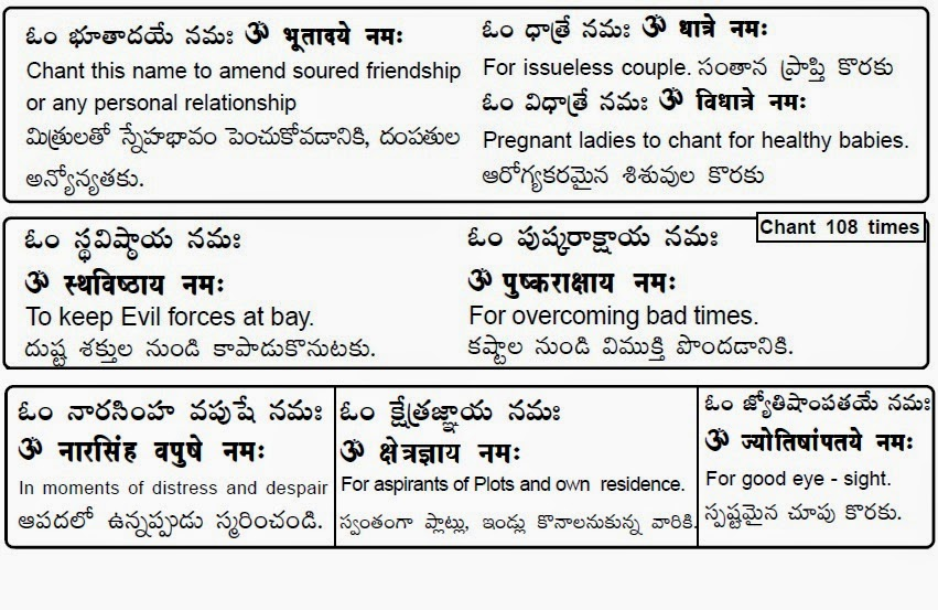 Om Bhootaadaye Namah - To amend soured friendship or any personal relationshipOm Dhaatre Namah - For issueless couple Om Vidhaatre Namah - Pregnant ladies to chant for healthy babies