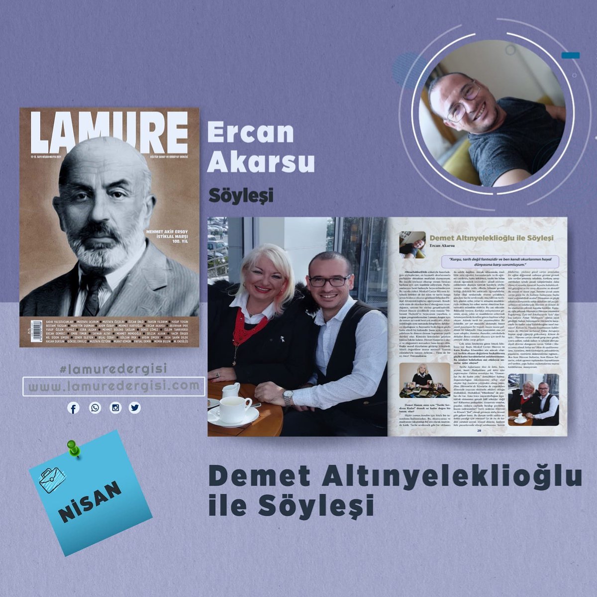 Yazarımız Ercan Akarsu'nun Demet Altınyeleklioğlu ile söyleşisi dergimizin yeni sayısında siz değerli okurlarımızla...
.
.
.
#lamuredergi #kültür #sanat #edebiyat #dergi #yazar #kitap #kitaptavsiyesi