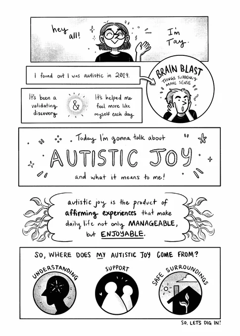 I made an 8 page comic about my✨AUTISTIC JOY✨for #ASDComicTakeover in celebration of #AutismAcceptanceMonth! There are several factors that make up Autistic Joy for me: Understanding, Support, and Safe Surroundings. Each comes with its own moments to celebrate. [1/5] 