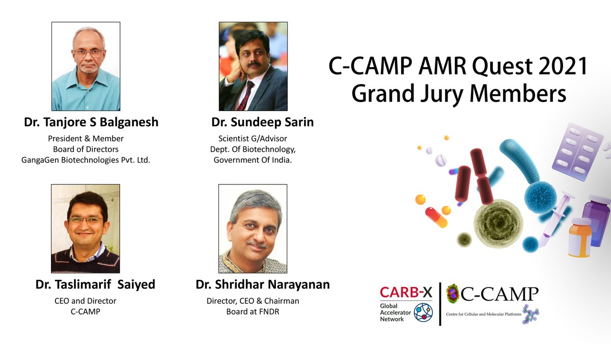 Eminent grand jury members sat in for CCAMP #AMRQuest 2021 Finals today.

4 Leading experts from Govt and industry in #AMR judged the finalists with their solutions in #Therapeutics, #Diagnostics, #Preventatives and Direct Acting Small Molecules
<a href="/CARB_X/">CARB-X</a>