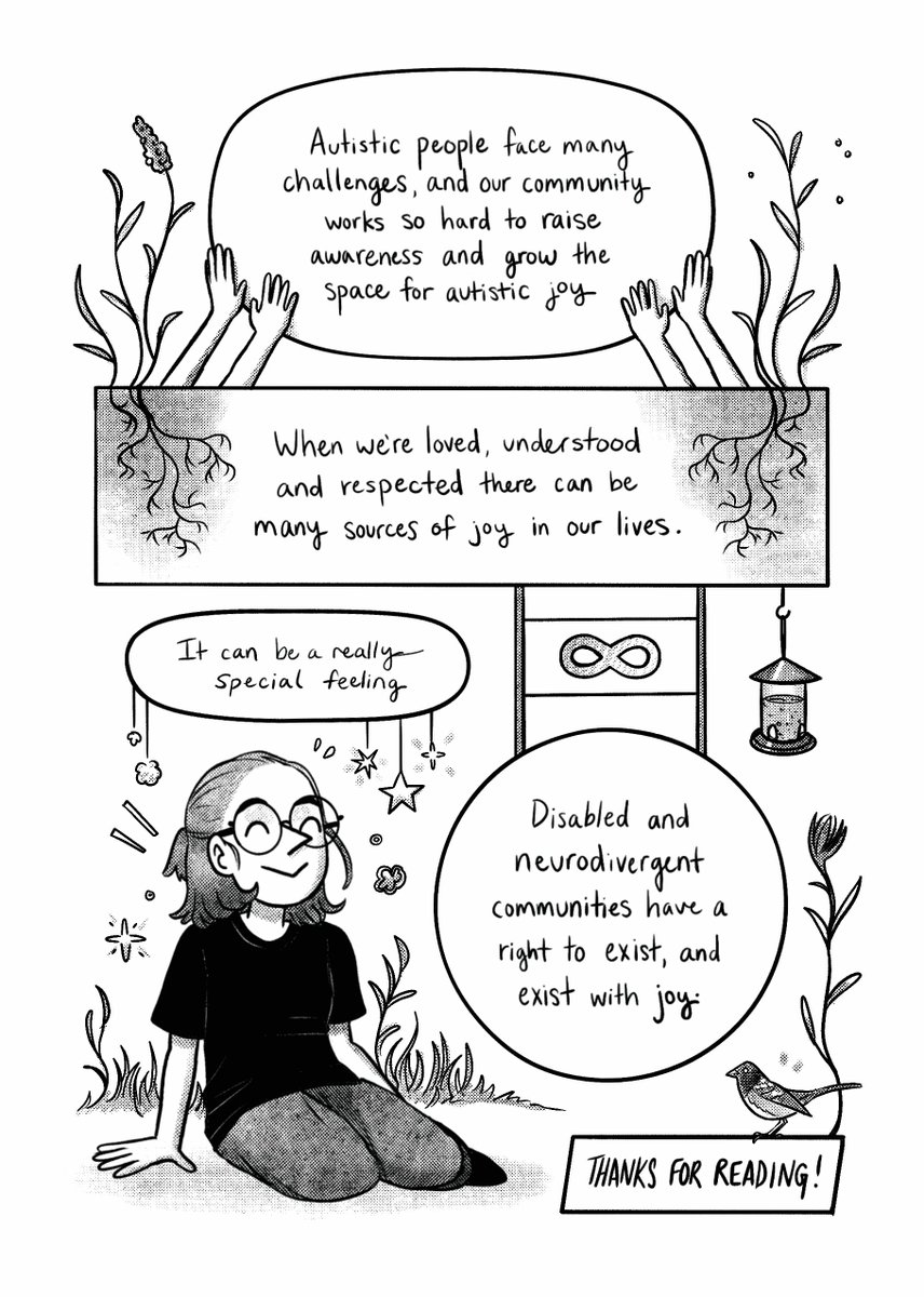 And here is my final page! I hope you enjoyed reading this comic and learning about the affirming experiences of autistic joy. Please go check out #ASDComicTakeover and #AutismAcceptanceMonth to read the amazing contributions of other autistic voices! [5/5] 