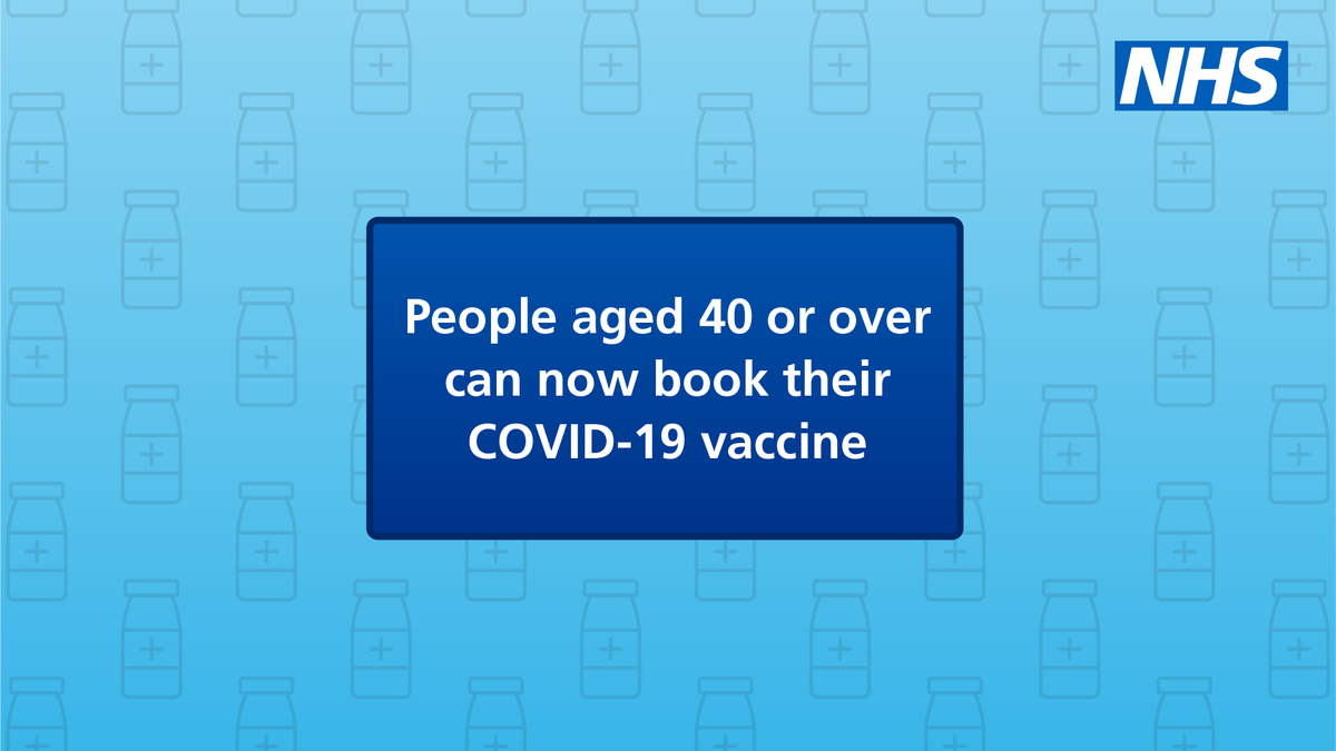 NHSEngland's tweet image. If you're aged 40 or over, or if you turn 40 before 1 July 2021, you can now book your COVID-19 vaccine. 

Visit nhs.uk/covid-vaccinat… to get started.