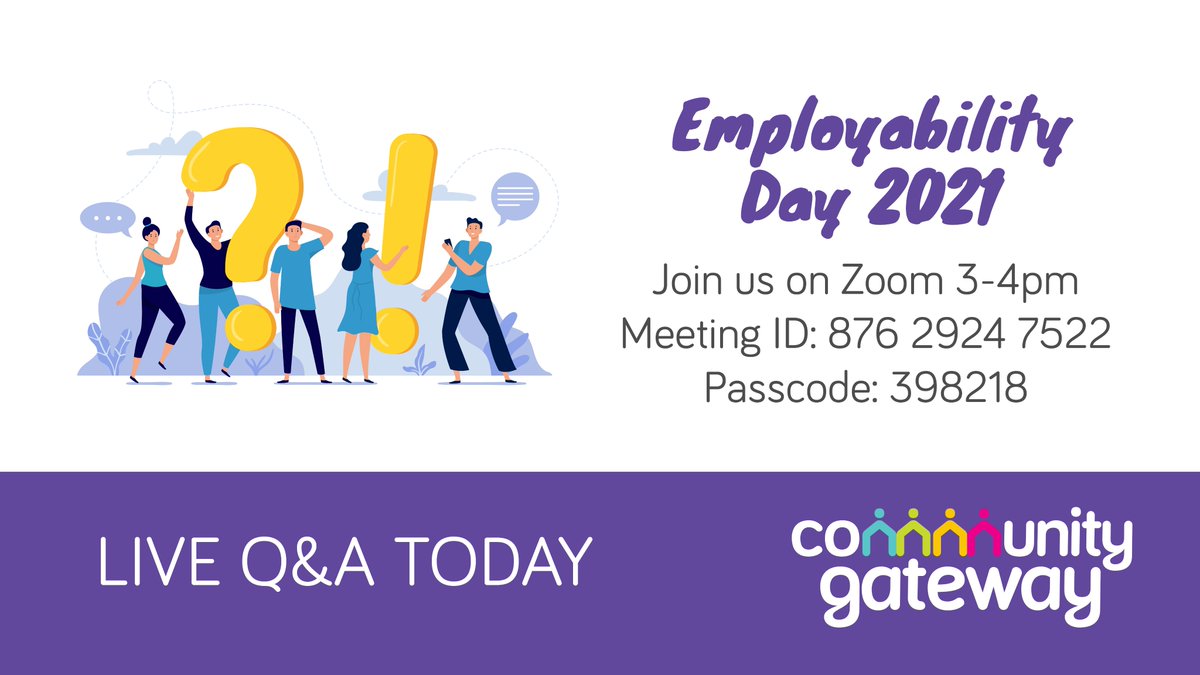 Come and join one of our live Q&amp;As on Zoom with Community Gateway's Employment and Skills Team to find out more about the support we can offer! you can drop in between 10-11am or 3-4pm. See below for the details 👇 #EmpDay21 #GatewayInTheCommunity