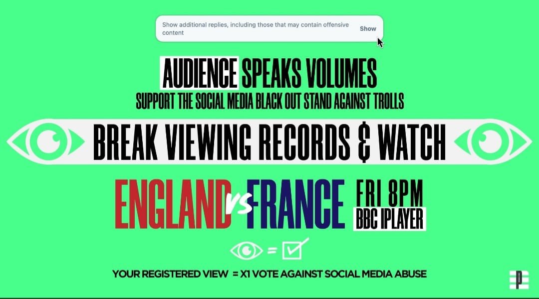 Audience speaks volumes - Let’s break the viewing record tonight! Tune in to @BBCiPlayer at 8pm to watch @EnglandRugby vs @FranceRugby. Join the social media black out this weekend and stand against online abuse by supporting women’s sport. Grow the audience and beat the trolls!