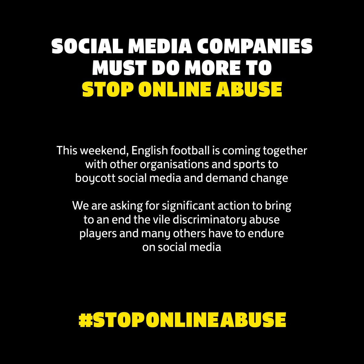 Today, from 3pm, English football and other sports, organisations and individuals stand together against online abuse.
 
Join us and switch off too, as we collectively demand change.
 
#StopOnlineAbuse
