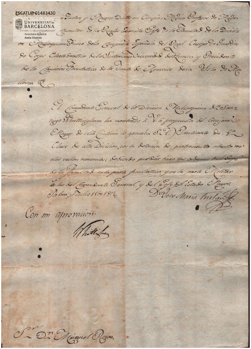 ArxiuUB's tweet image. A un expedient acadèmic @JQsolias ha trobat dos documents de la Guerra del Francès: el primer és el nomenament d&apos;un practicant de cirurgià i el segon és un permís de mobilitat per a la seva incorporació signat pel mariscal D. Santiago Whittingham al febrer de 1813.