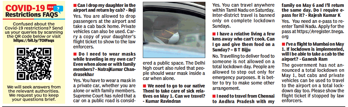 TOIChennai's tweet photo. Confused about the Covid-19 restrictions?
Read the answers to top queries everyday in The Times of India newspaper, answered directly by the concerned authorities.
To send us your questions, visit - https://t.co/GYiN4T7p3t
#COVID19 #COVIDFAQ #covidfaqs https://t.co/lViMUUzsXK
