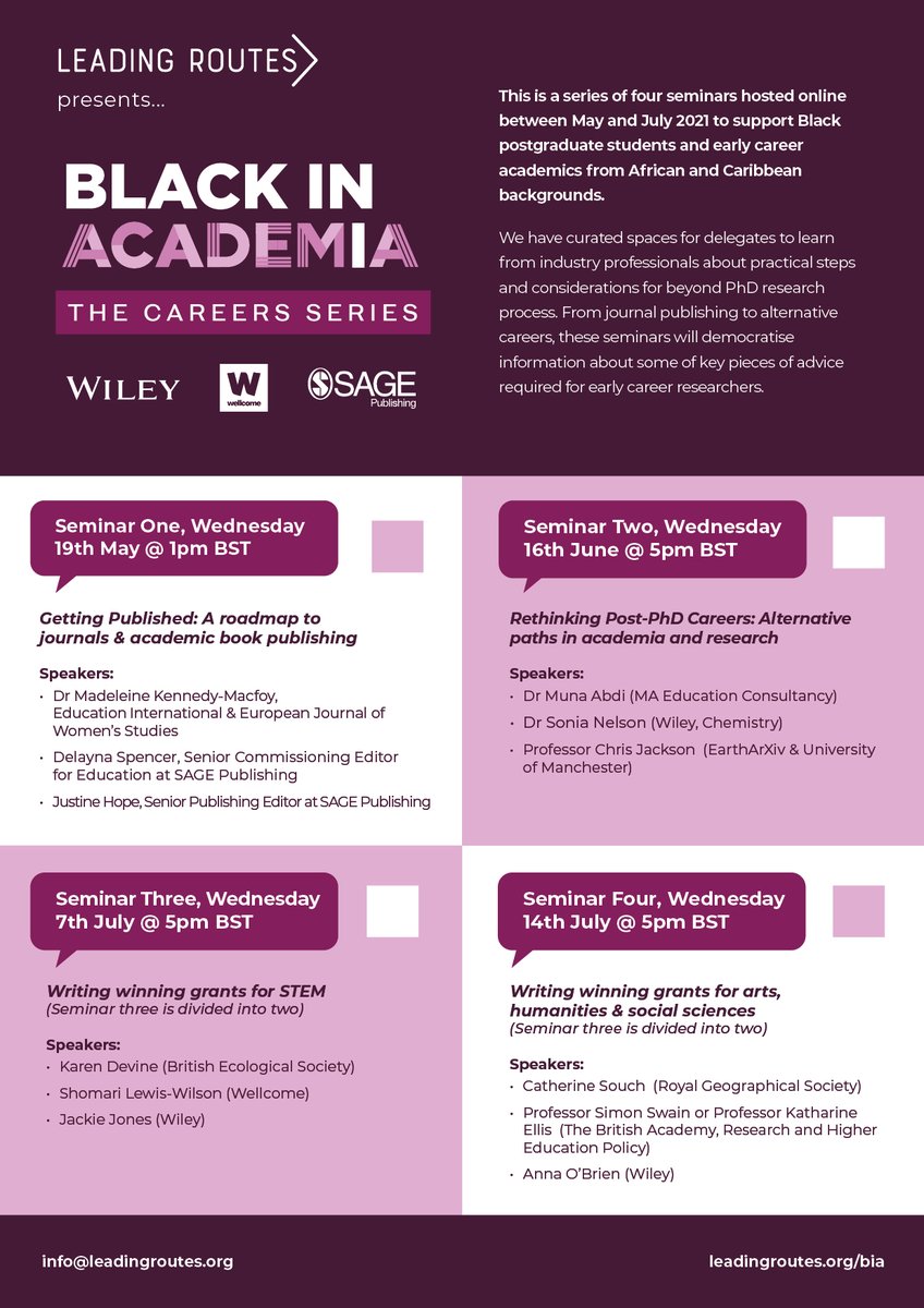 If you know of Black PhD researchers and ECRs who will benefit from these events please send them this thread so they can register ASAP.  https://twitter.com/LeadingRoutes/status/1388039791158124546 #BlackinAcademia