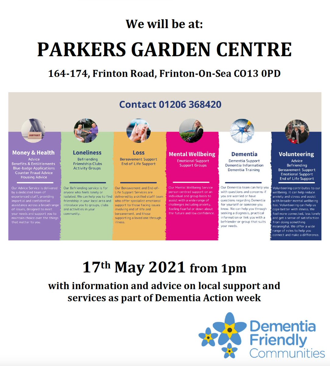 ActionTendring's tweet photo. Did you know it's not long until #Dementia Action Week?
Come join us for a new event at: Parkers Garden Centre 
#Frintonsea 17th May 2021 - from 1pm with info &amp; advice on local support &amp; services.
https://t.co/4DO77psj6Q #Tendring #Clacton #Harwich @CVSTendring @DementiaFriends https://t.co/PqAU4jyNz9