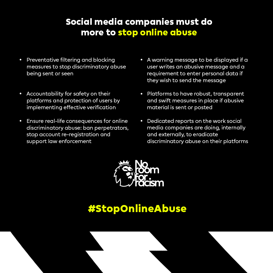 premierleague's tweet image. The message is simple, social media companies must do more to stop online abuse. 

We're asking social media companies to commit to ending online abuse by making these changes to their platforms

#NoRoomForRacism | #StopOnlineAbuse