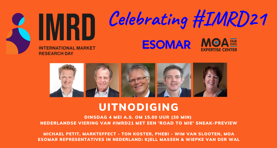 Celebrating #IMRD21 on 4 May at 15.00. Please join <a href="/esomar/">ESOMAR</a> <a href="/kjellmassen/">Kjell Massen</a> <a href="/Markteffect/">Markteffect</a> <a href="/Phebiai/">Phebi.AI</a> <a href="/MOAweb/">MOA Nederland</a> for a short get-together with a sneak-preview of the Road to #mie21 #mrx Free registration forms.gle/f8gcnX4W2A9bVg… #IMRD21